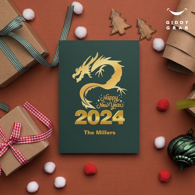Invitation Bonne année 2024 Golden Chinese Dragon Green (Créateur téléchargé)