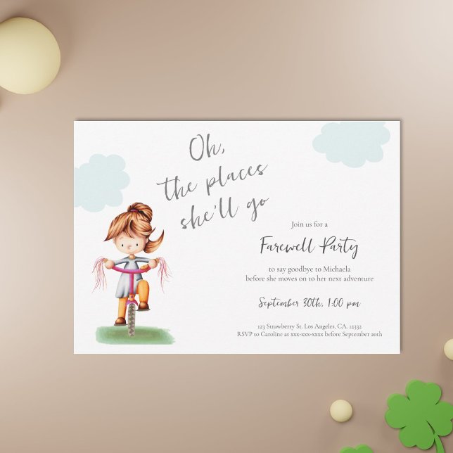 Invitation Bonne chance Girl équitation Vélo Fête d'adieu (Farewell graduation invitation with a girl riding a bicycle illustration)