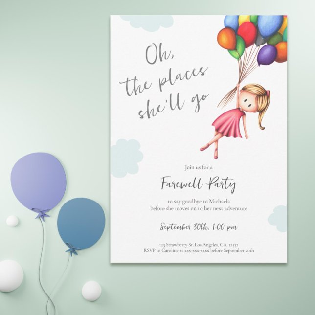 Invitation Bonne fille de chance avec ballons Adieu (Farewell invitation with a girl and balloons floating away. Perfect for retirements and graduations)
