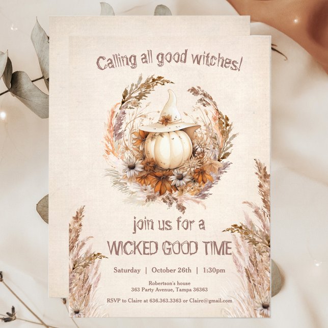Invitation Bonne sorcière Citrouille Halloween Filles Fête de (Good Witch Pumpkin Halloween Boho Girls Out Night or Birthday Invitation)
