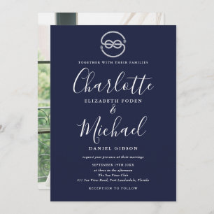 Invitation Bonnet Nautique Marine Bleu Script Photo Mariage