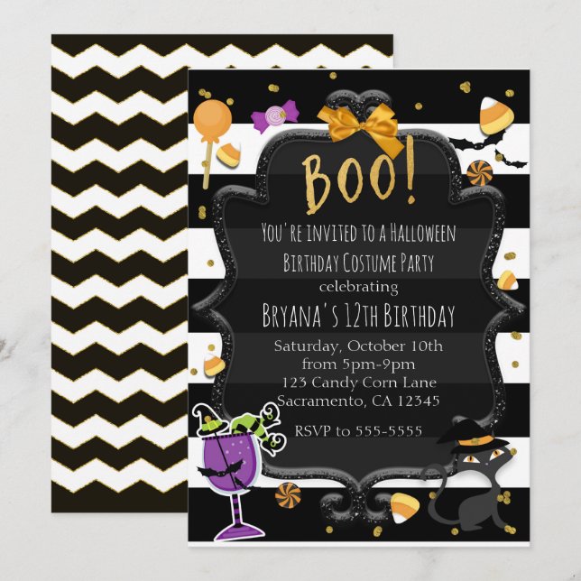 Invitation BOO ! Bandes noires et blanches Halloween Candy Pa (Devant / Derrière)