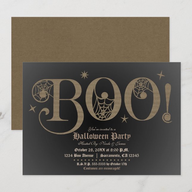 Invitation BOO Brown Rustique Élégante fête costumée Hallowee (Devant / Derrière)