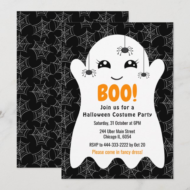 Invitation Boo Ghost Halloween Costume Party Black (Devant / Derrière)