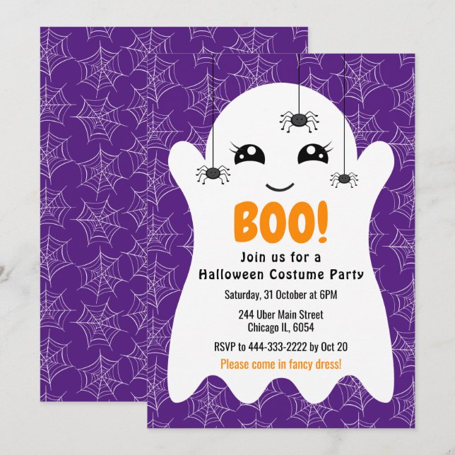 Invitation Boo Ghost Halloween Costume Party Purple (Devant / Derrière)
