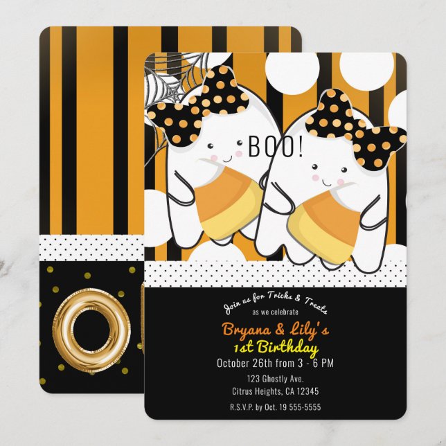 Invitation Boo Ghost Twin Girls Halloween 1er Anniversaire (Devant / Derrière)