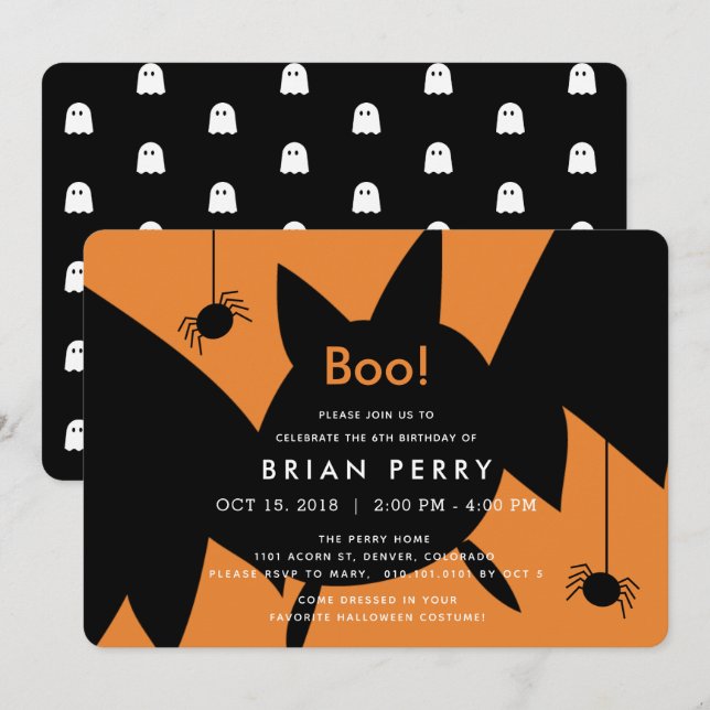 Invitation Boo ! Halloween chauve-souris et araignées Anniver (Devant / Derrière)