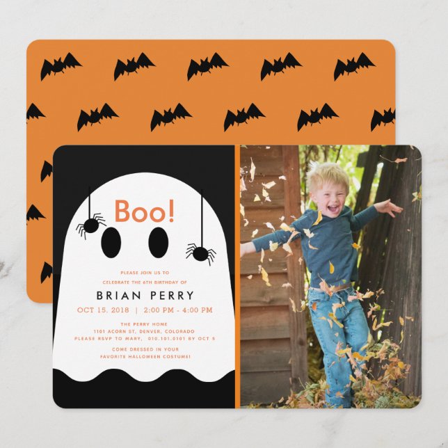 Invitation Boo ! Halloween Fantôme & Araignées Photo Annivers (Devant / Derrière)