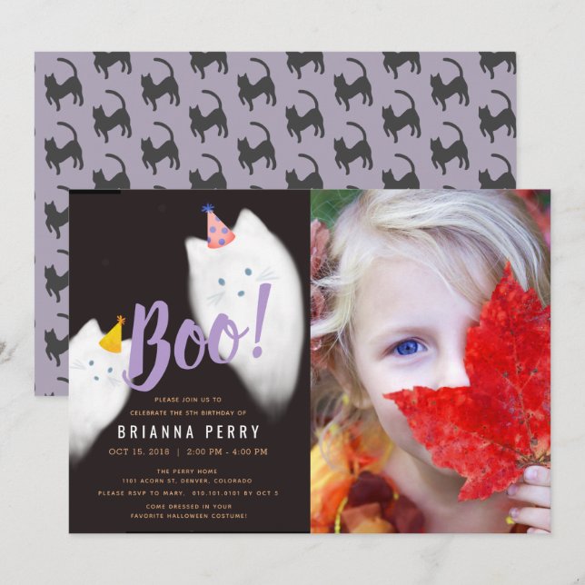Invitation Boo ! Halloween Ghost Cat Purple Photo Anniversair (Devant / Derrière)
