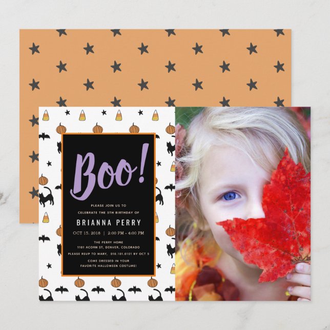 Invitation Boo ! Halloween Motif mignon photo blanche Anniver (Devant / Derrière)