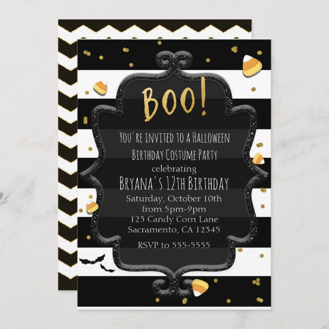 Invitation BOO ! Halloween noir et blanc frisé bonbon Corn (Devant / Derrière)