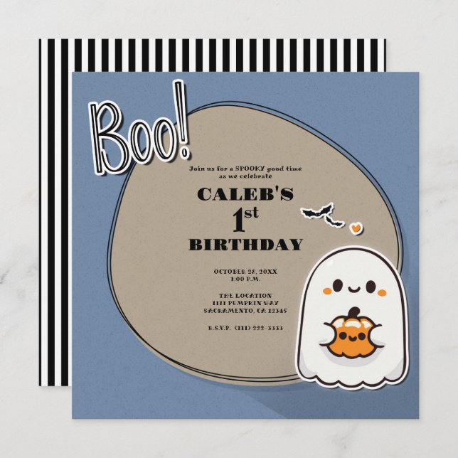 Invitation BOO Little Ghost Blue Halloween 1er anniversaire f (Devant / Derrière)