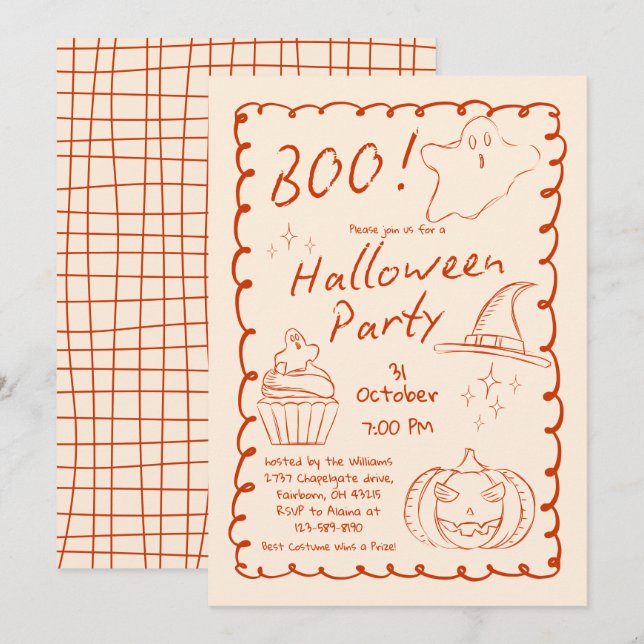 Invitation Boo ! Soirée d'Halloween à la mode dessinée à la m (Devant / Derrière)