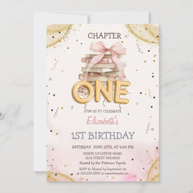 Invitation Books Bow Confetti Watercolor 1st Birthday  (Devant)