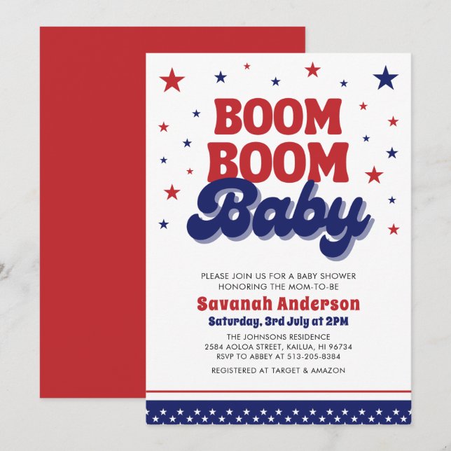 Invitation Boom Boom Baby 4 juillet Baby shower patriotique (Devant / Derrière)