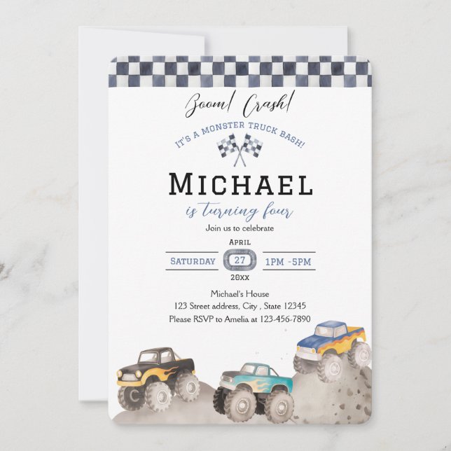 Invitation Boom Crash Monster Truck Bash Invite (Devant)