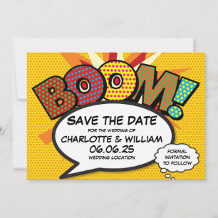 Invitation BOOM Enregistrez la date Fun rétro bande dessinée 
