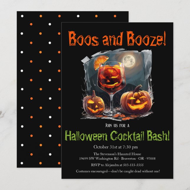 Invitation "Boos and Booze" Cocktail Halloween Bash Party (Devant / Derrière)