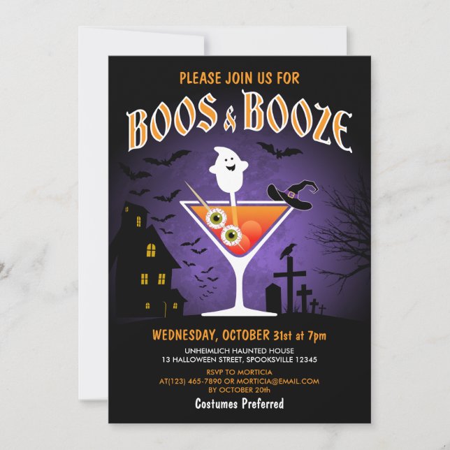 Invitation Boos et Booze Adult Halloween Party (Devant)
