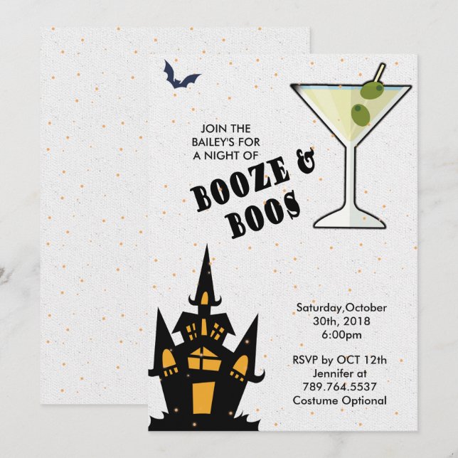 Invitation Boos et Booze Halloween Élégant (Devant / Derrière)