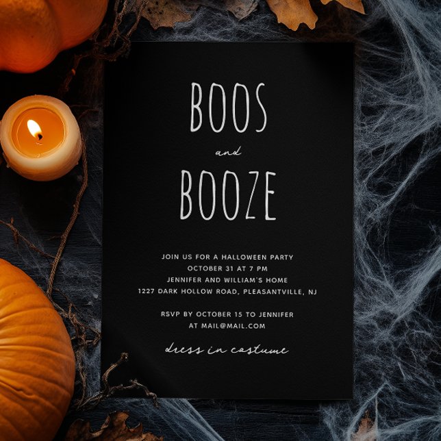Invitation Boos et Booze | Parti d'Halloween minimaliste noir (Créateur téléchargé)