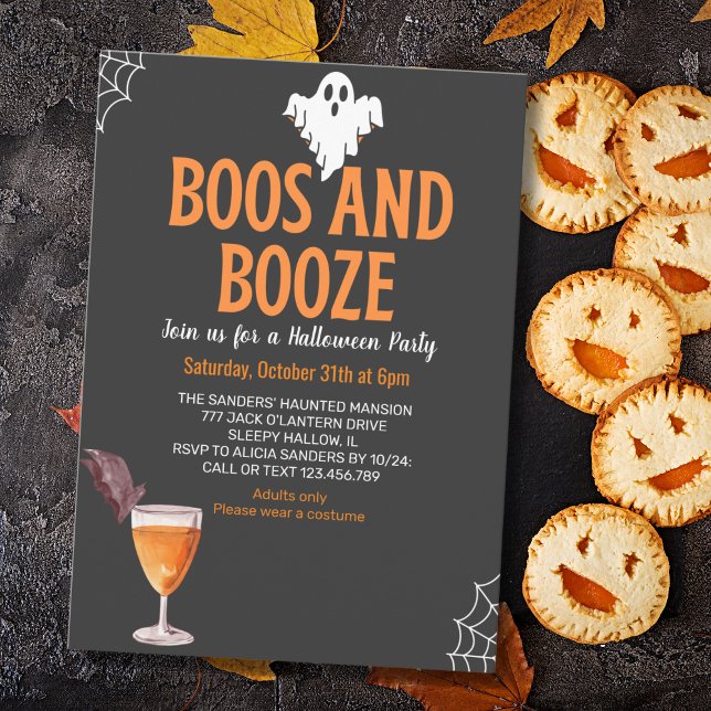 Invitation Boos y Booze Black Funny Halloween Party (Créateur téléchargé)