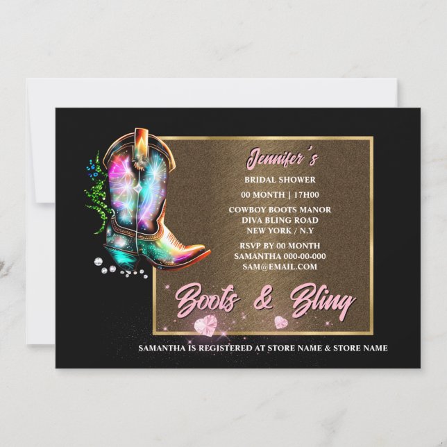 Invitation Boot bling | brille cowgirl bottes coeur rose glam (Devant)
