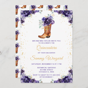 Invitation Boot de cowboy Floral foncé violet or Quinceañera