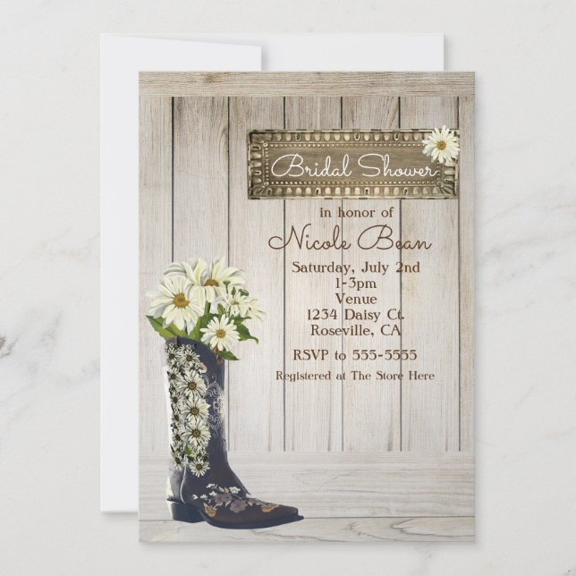 Invitation Boot rustique avec Fête des mariées de marguerites (Devant)