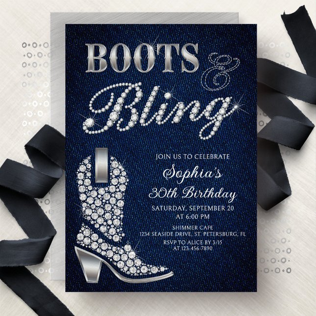 Invitation Boots Bling Denim Western Birthday (Créateur téléchargé)
