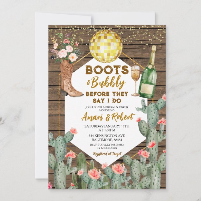 Invitation Boots & Bubbly Champagne Fête des mariées de l'Oue (Devant)