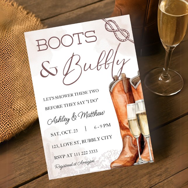 Invitation Boots & Bubbly Western Couple Coed Fête des mariée (Boots Bubbly Western Couple Coed Bridal Shower Invitation)