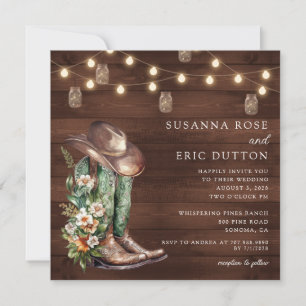 Invitation Boots Cowgirl Cowboy String Lumières Floral Mariag