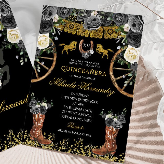Invitation Boots de Charra Noir et Or Occidental 15 Años (Créateur téléchargé)