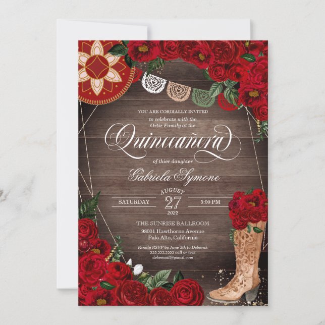 Invitation Boots de cowgirl Red Roses Western Charro Quinceañ (Devant)