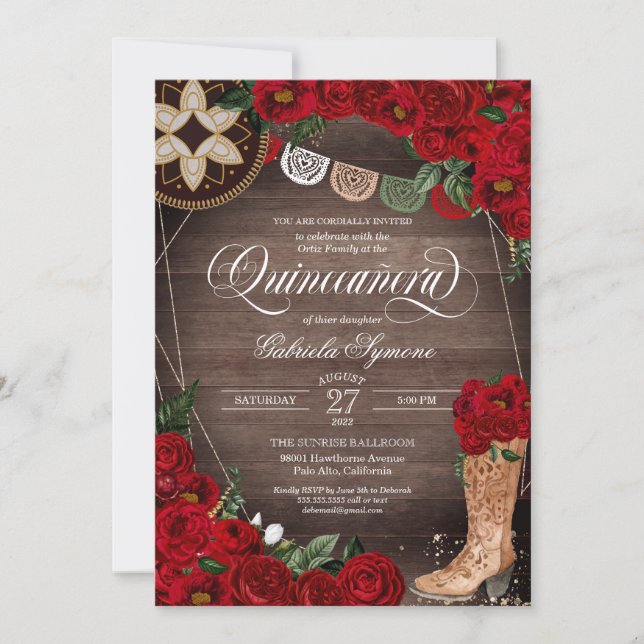 Invitation Boots de fille Rose rouge Western Charro Quinceañe (Devant)
