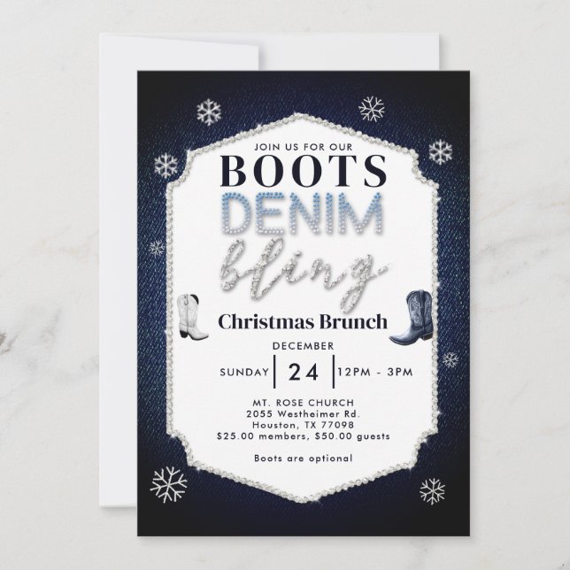 Invitation Boots Denim Bling Frame Christmas Church Brunch (Devant)