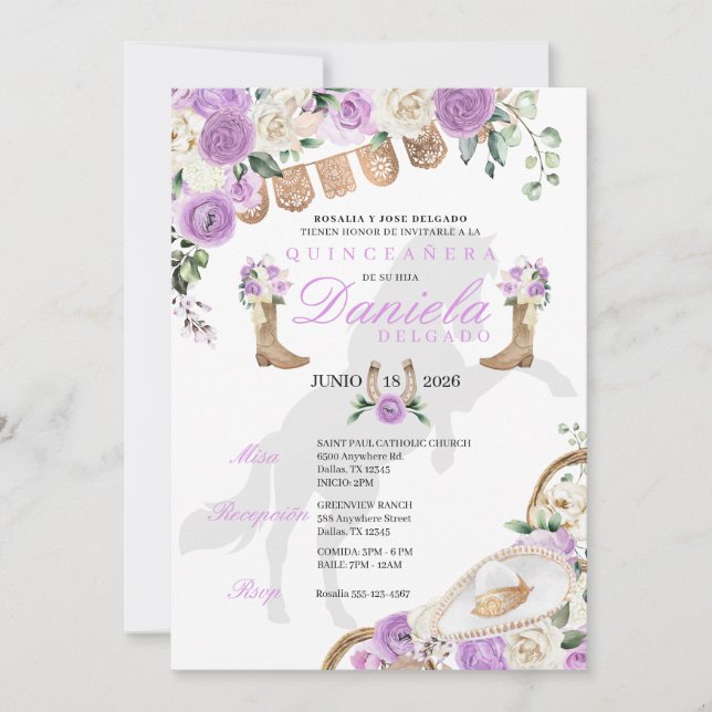Invitation Boots occidentaux de lavande et Quinceañera Rose (Devant)