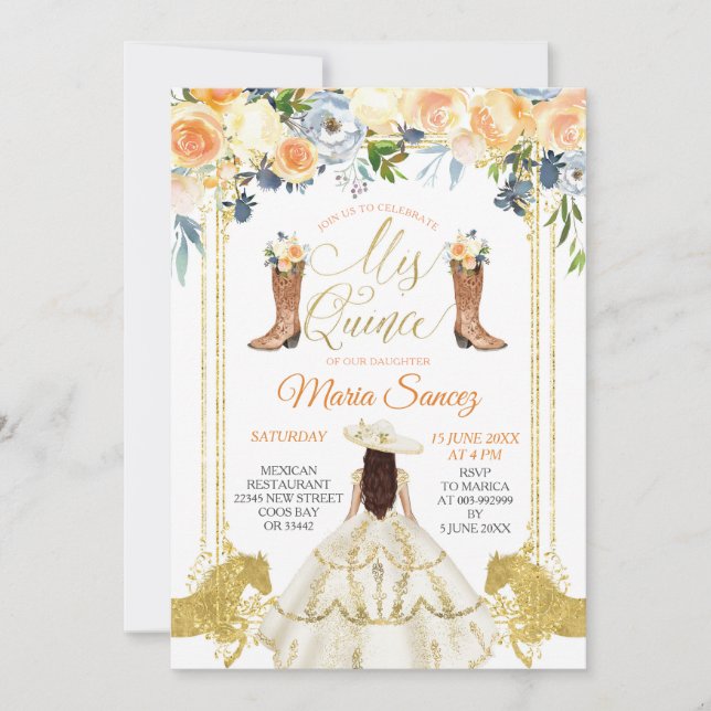 Invitation Boots occidentaux en or blanc espagnol Quinceañera (Devant)