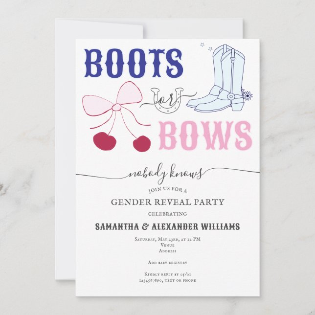 Invitation Boots ou Bows Pays Baby shower de révélation de ge (Devant)