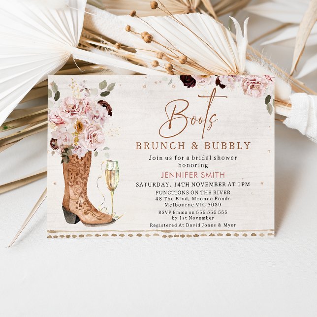 Invitation Boots rousses Brunch Fête des mariées Bubbly (Rustic boho floral boots, brunch and bubbly bridal shower invitation with glass and cowgirl boot.)