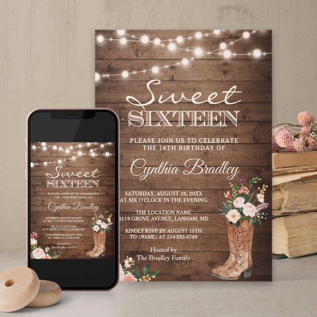 Invitation Boots rustiques Cowgirl Sweet sixteen 16 invitatio (Créateur téléchargé)