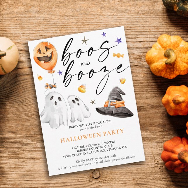Invitation Booze Watercolor Ghost Halloween Party (Adult Halloween party with boos and booze. This watercolor design features ghosts and witches hat.)