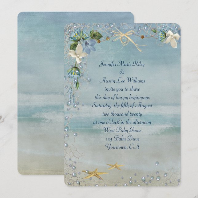 Invitation bord de mer turquoise avec étoiles de mer et bulle (Devant / Derrière)