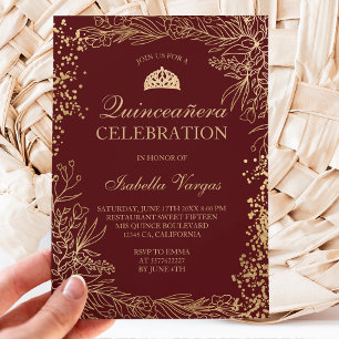 Invitation Bordeaux à fleurs dorées Tiara chic Quinceañera