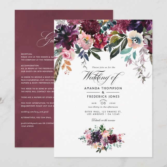 Invitation Bordeaux Couleur Vin Floral Jardin Mariage (Devant / Derrière)