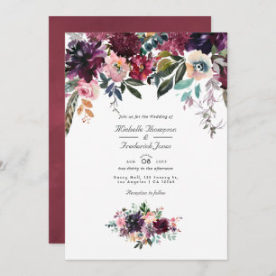 Invitation Bordeaux Couleur Vin Floral QR Code Jardin Mariage