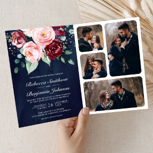 Invitation Bordeaux Floral Code QR Rose Saumon Mariage Bleu M