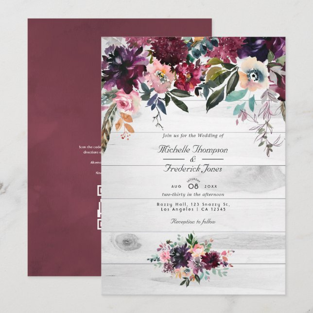 Invitation Bordeaux Floral Jardin QR Code RSVP Mariage Invita (Devant / Derrière)