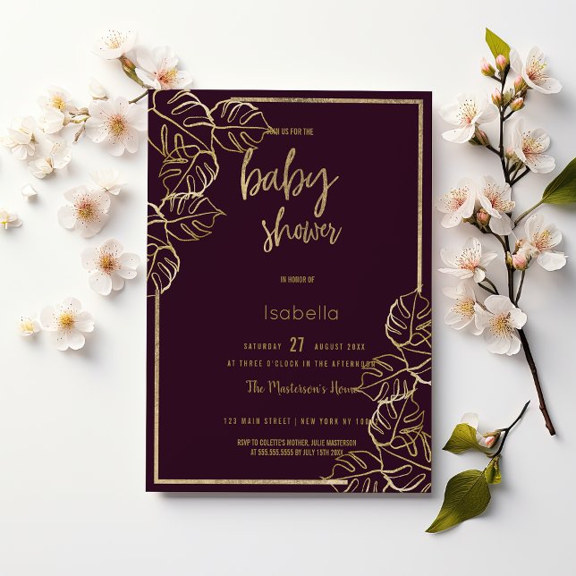 Invitation Bordeaux riche en or rouge Baby shower floral (Bordeaux deep rich red gold floral Baby Shower)